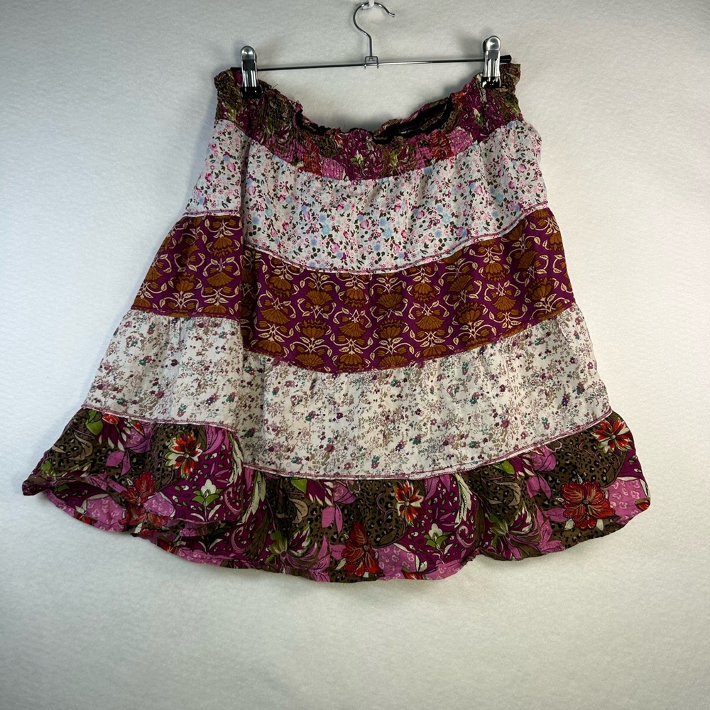Fire Los Angeles Tiered Floral A-Line Skirt in Pink and Burgundy